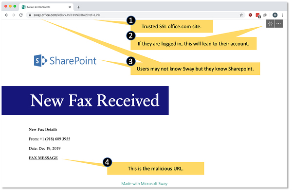 Example of a phishing page hosted on Office Sway