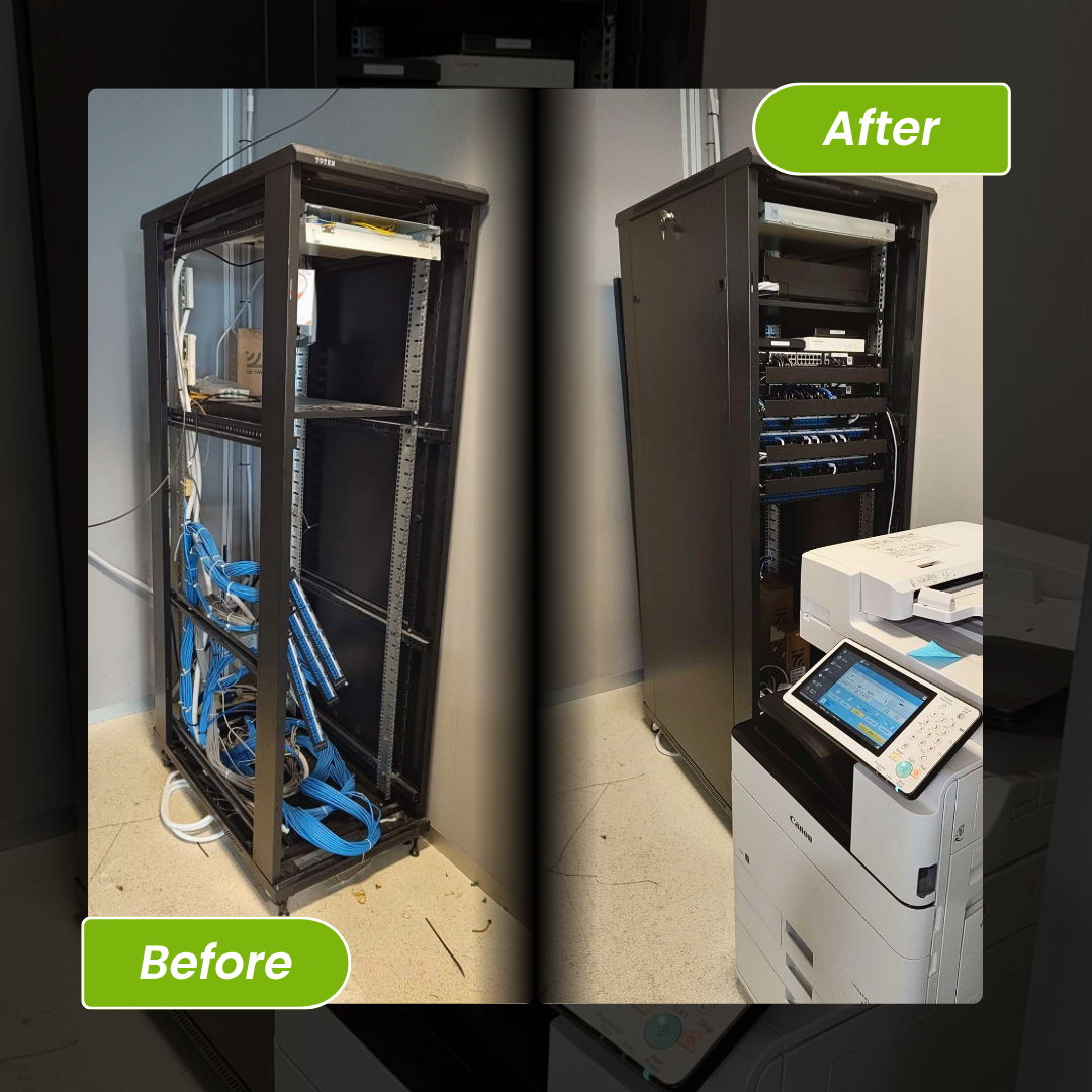 Neat server rack with Ruijie switches and CAT6 cable management